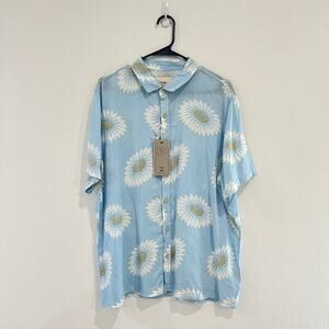 NWT Folk Drake Short Sleeve Button Down Shirt Blue White Daisy Floral Size Large